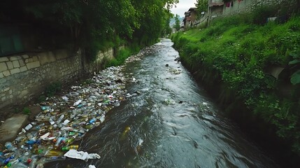  A river clogged with plastic bottles and other debris, flowing through a city