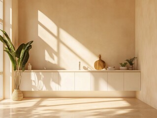 Modern minimalist kitchen design bathed in natural light.  A serene space with warm tones and shadows