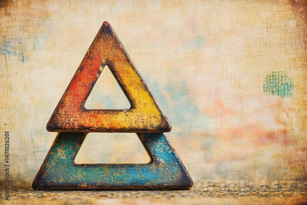 Poster colorful wooden geometric shapes stacked on a textured background with artistic patterns