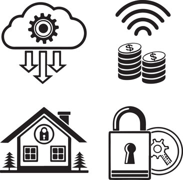 Secure Technology and Digital Finance Icons in Black and White Style