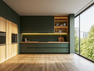 Modern, minimalist kitchen with dark green cabinets and light wood accents, featuring ample natural light and a view of greenery outside