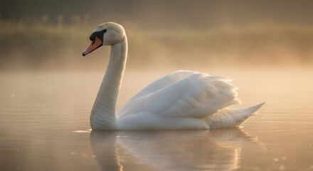 Obraz premium Serene Swan at Sunrise: A Majestic Waterfowl in Golden Mist