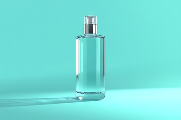 Clear glass bottle on turquoise background