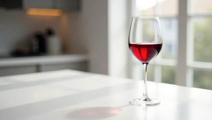 Single glass of red wine on pristine white surface, wine, red wine, close-up