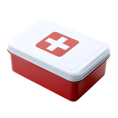 A classic red first aid kit with a white cross symbol, essential for home, travel, or workplace.  The sturdy metal box provides protection for emergency supplies.  