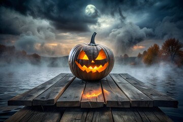 Spooky Halloween Jack O Lantern on Misty Lake Dock