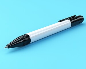 Close-up of a sleek black and white pen on a vibrant blue background