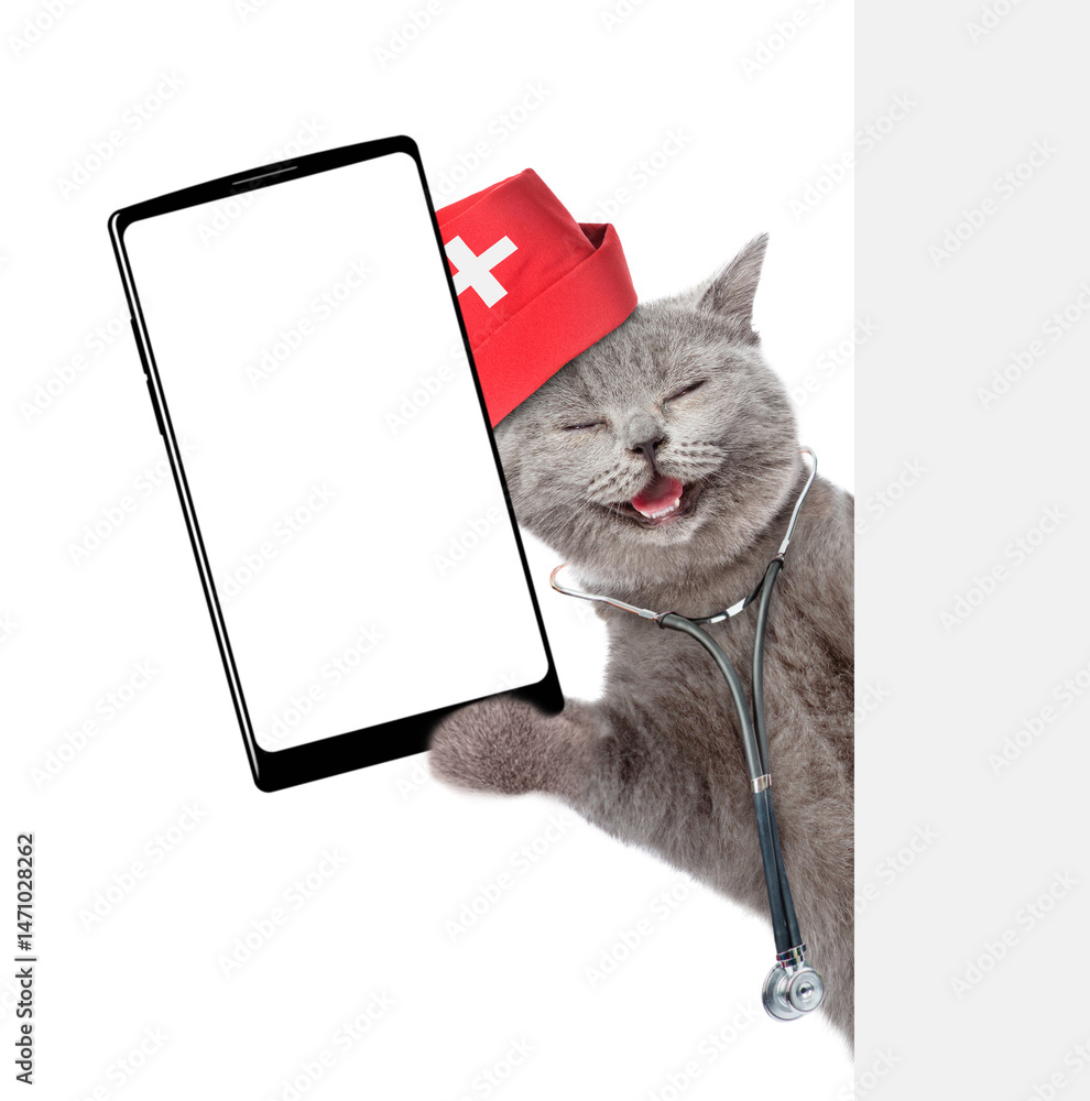 Aufkleber happy cat wearing like a doctor with stethoscope on his neck showing big smartphone with white blank