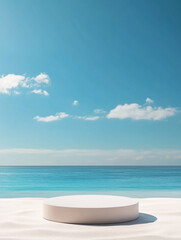 A minimalist beach scene featuring a white circular platform on the soft sand, with the vast ocean and clear blue sky in the background. 