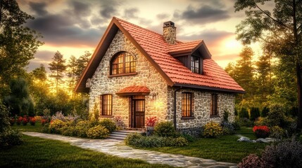 Rustic Stone Cottage at Sunrise, Serene Rural Landscape