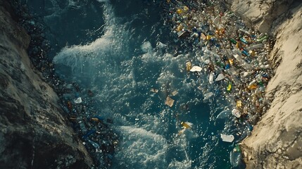  A river clogged with plastic bottles and other debris, flowing through a city