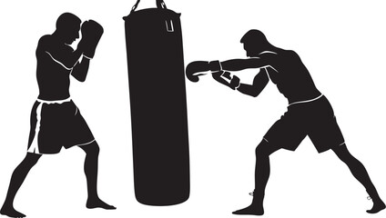 Two boxers train with a punching bag, practicing their stance and punches in a gym environment.