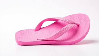 A single, bright pink flip-flop against a pure white background , plastic, isolated, colorful