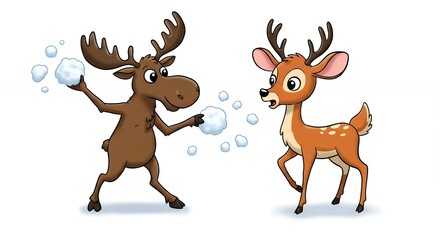 Cartoon moose and deer playful snowball fight