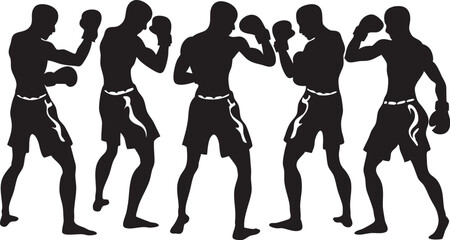 Five silhouettes of boxers in various fighting stances, wearing gloves and shorts, ready for a match.