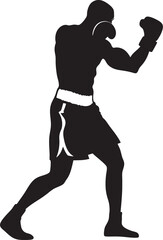 Silhouette of a boxer in a fighting stance, wearing boxing gloves and shorts.