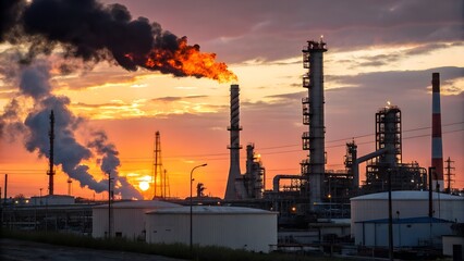 Obraz premium Industrial refinery at sunset with towering chimneys and black smoke plume. Vibrant orange, pink, and purple sky reflects on metal structures. Low-angle, low-quality image with visible JPEG artifacts.