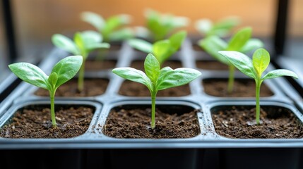 Young seedlings growing in a seed tray