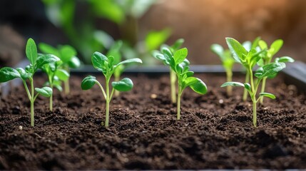 Young seedlings sprouting in soil