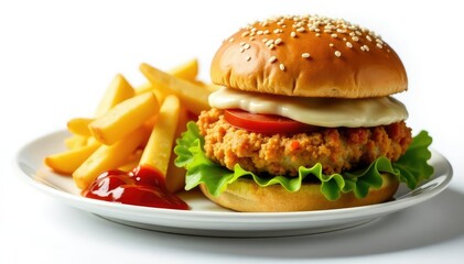 Crispy chicken sandwich, wedges, sauce on white , dinner, light, lunch