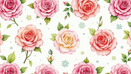 Delicate watercolor roses repeat in a soft, vintage pattern , summer, blossom, floral design