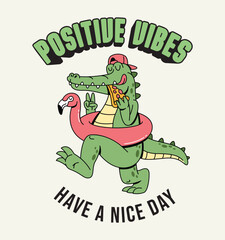 crocodile flamingo retro cartoon cute illustration