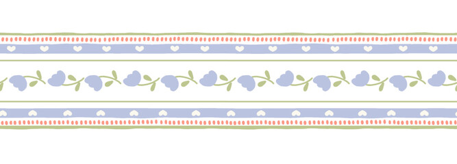 Blue flowers with green leaves seamless border pattern on dotted white background with hearts and stripes. Vector cute cartoon hand drawn illustration.