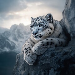 Obraz premium Snow leopard resting on a rocky ledge in a mountainous landscape, its white fur blending with the snowy peaks