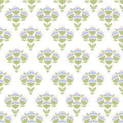 Cute folk art vector ornament, flower and heart seamless border naive pattern on dotted white background. Vector cute cartoon hand drawn illustration. Ideal for textile print, kids wear, wallpaper
