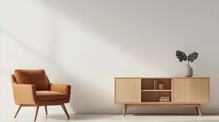 Modern, minimalist living room, featuring a tan armchair and light wood cabinet