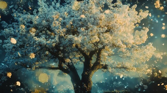 Blossoming tree with radiant flowers, ethereal light, and dreamlike ambiance, evoking fantasy and fairytale themes in nature's enc