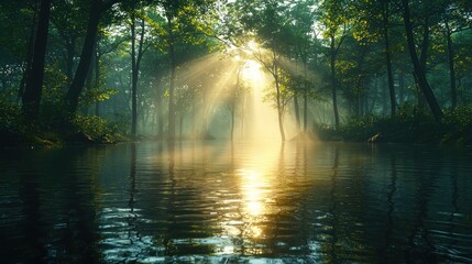 Fototapeta premium Sunlight streams through a misty forest, illuminating a calm river