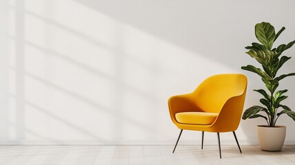 Modern minimalist living room featuring a vibrant yellow armchair, soft natural light, and a leafy plant