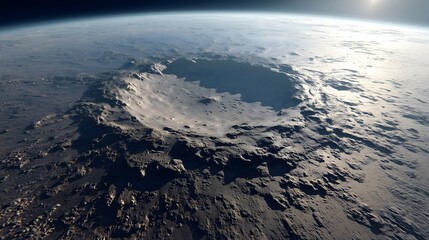 Fototapeta premium Exploring a meteor crater on a rocky alien planet at dawn over an expansive landscape