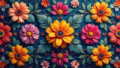 Intricate floral textile design, repeating motif, retro, illustration