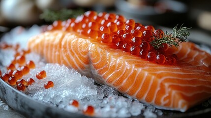 Fresh salmon fillet topped with caviar, beautifully presented on a bed of ice, ready to serve.