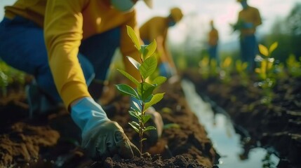 Naklejka premium Dedicated workers planting seedlings to foster environmental conservation on a sunny day.