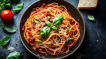 Delicious spaghetti dish with meat sauce and herbs.