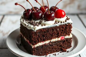 Chocolate cherry cake images, photos, illustration, horizontal