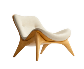 Elegant lounge chair featuring a light-colored fabric seat with a distinctive wooden frame.