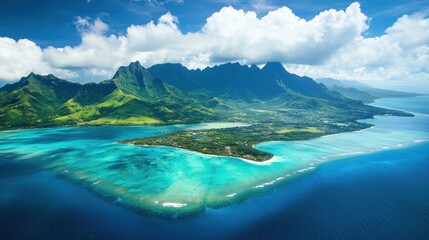 Exquisite aerial view of Moorea Island's turquoise lagoon and volcanic peaks