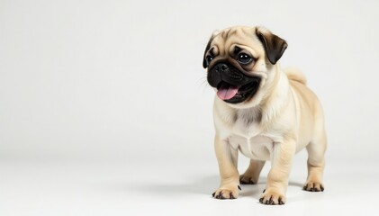 Playful pug puppy standing, white background, paws visible, headshot, dog
