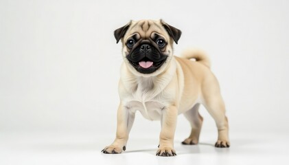 Obraz premium Playful pug puppy standing, pure white backdrop, vibrant, mammal, funny