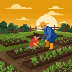 Father and Child Gardening Together Planting Crops at Sunset on Farm