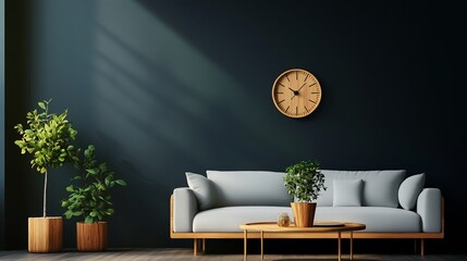 Modern minimalist living room interior design.  Sunlight streams into a room with dark walls.  A light gray couch, wooden coffee table, and potted plants are featured