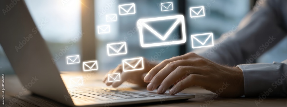 Poster man typing on laptop with email notifications appearing in a modern office setting during the aftern