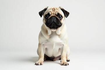 Solo pug, attentively posed against stark white backdrop, animal, breed