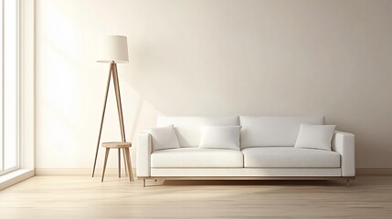 Modern minimalist living room, light beige, white sofa, wooden lamp
