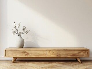 Modern minimalist living room, light wood furniture