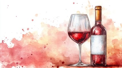 Hand-drawn illustration of wine glass and bottle with watercolor background.